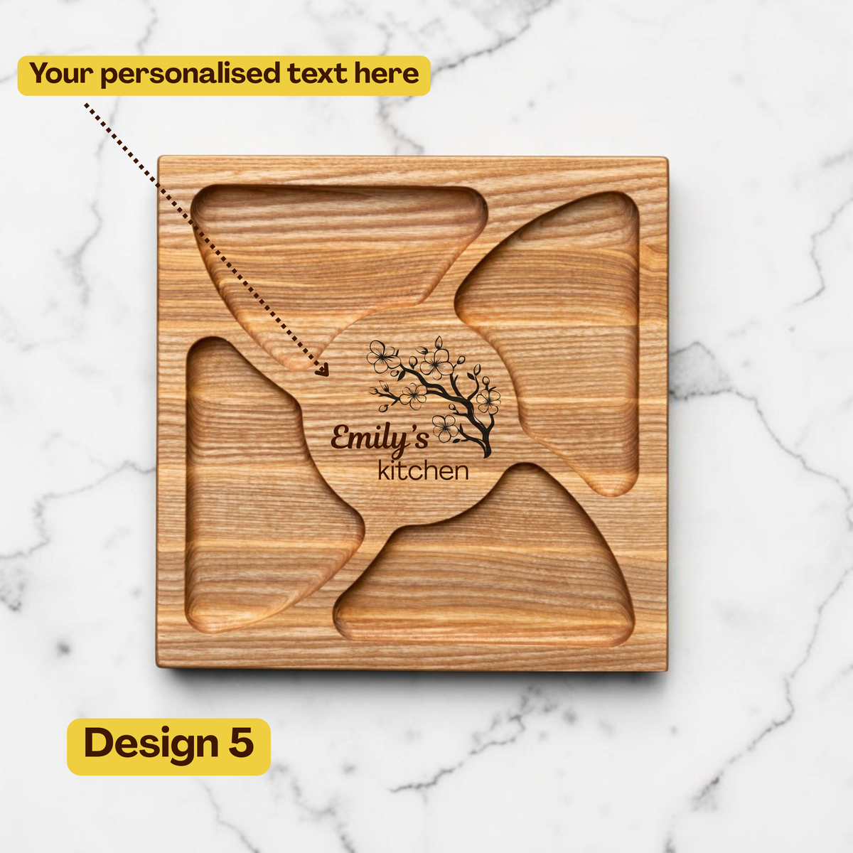 Personalised Square Wooden Charcuterie Board with Four Compartments