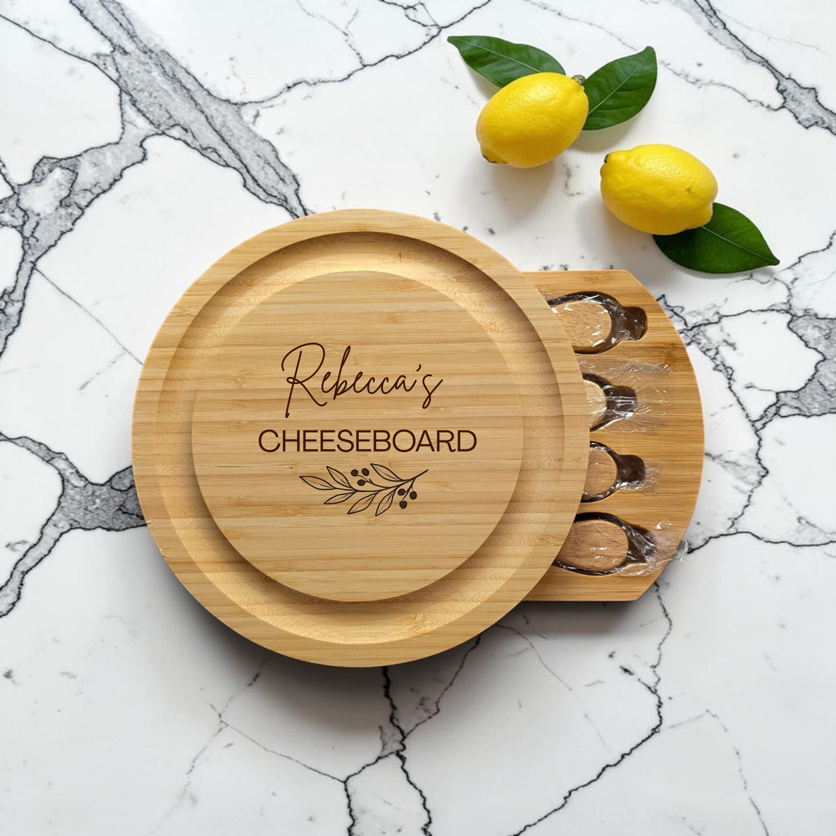 Personalised Bamboo Cheese Board Set: Engraved Gift for Couples