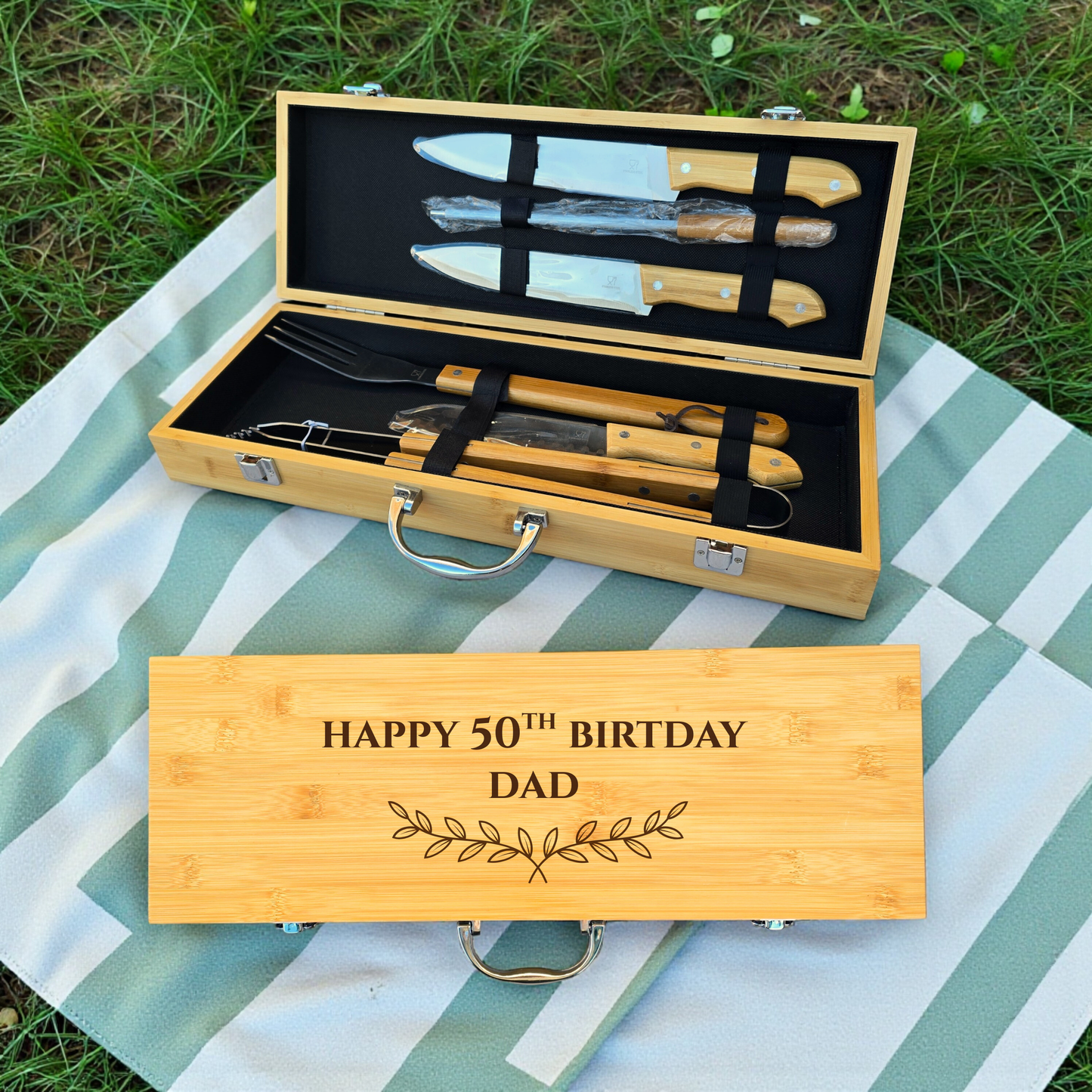Personalised BBQ Tools Set in Bamboo Case: Grilling Gift Idea