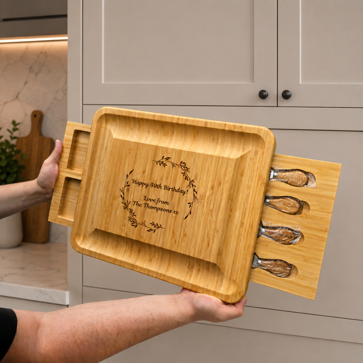 Extra-Large Personalised Cheese Board Set with Drawers:  Wedding, New Home, Anniversary