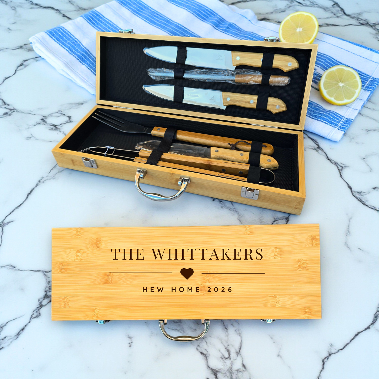 Personalised BBQ Tools Set in Bamboo Case: Grilling Gift Idea
