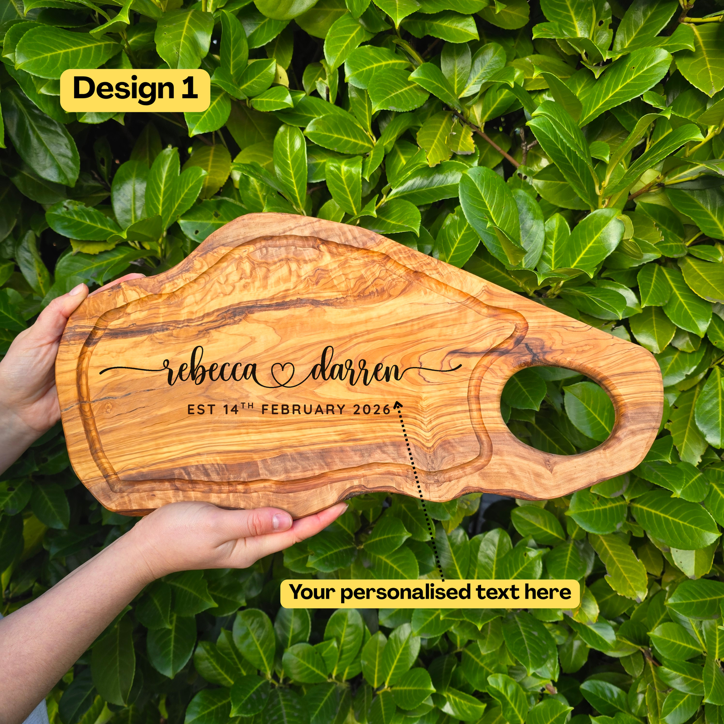 Personalised Large Olive Wood Chopping Board with Handle Gift for Couples