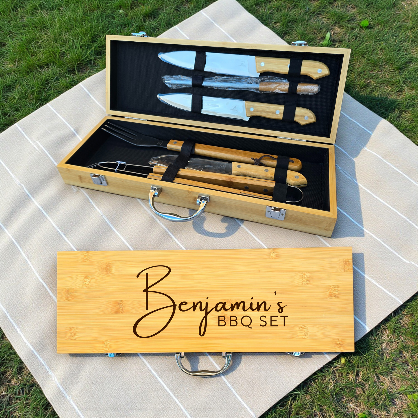 Personalised BBQ Tools Set in Bamboo Case: Grilling Gift Idea