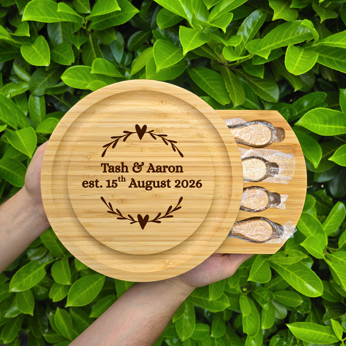 Personalised Bamboo Cheese Board Set: Engraved Gift for Couples
