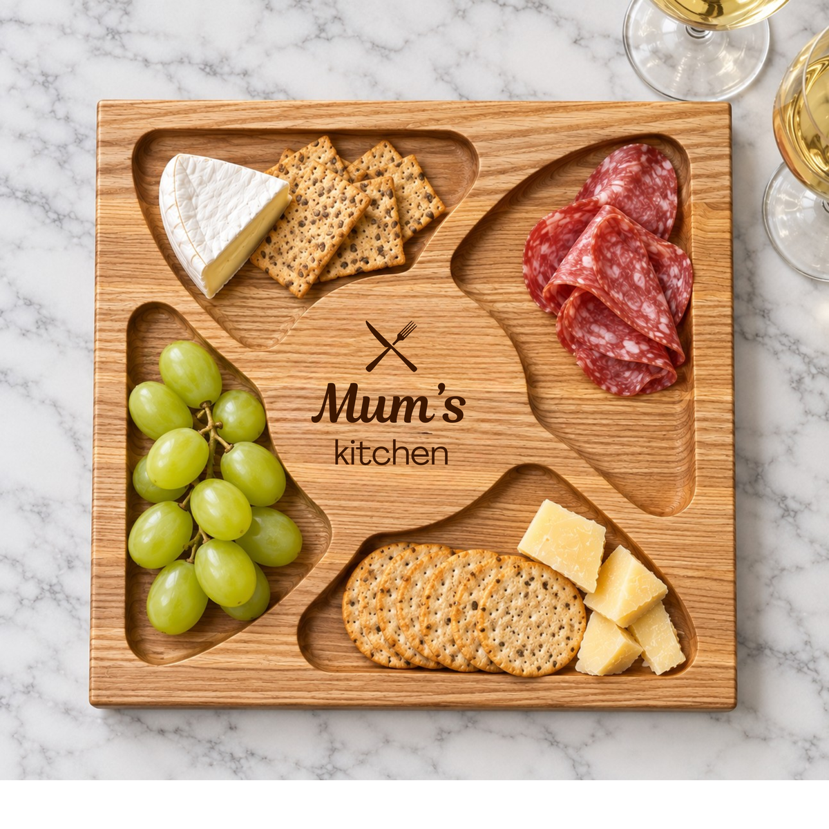 Personalised Square Wooden Charcuterie Board with Four Compartments