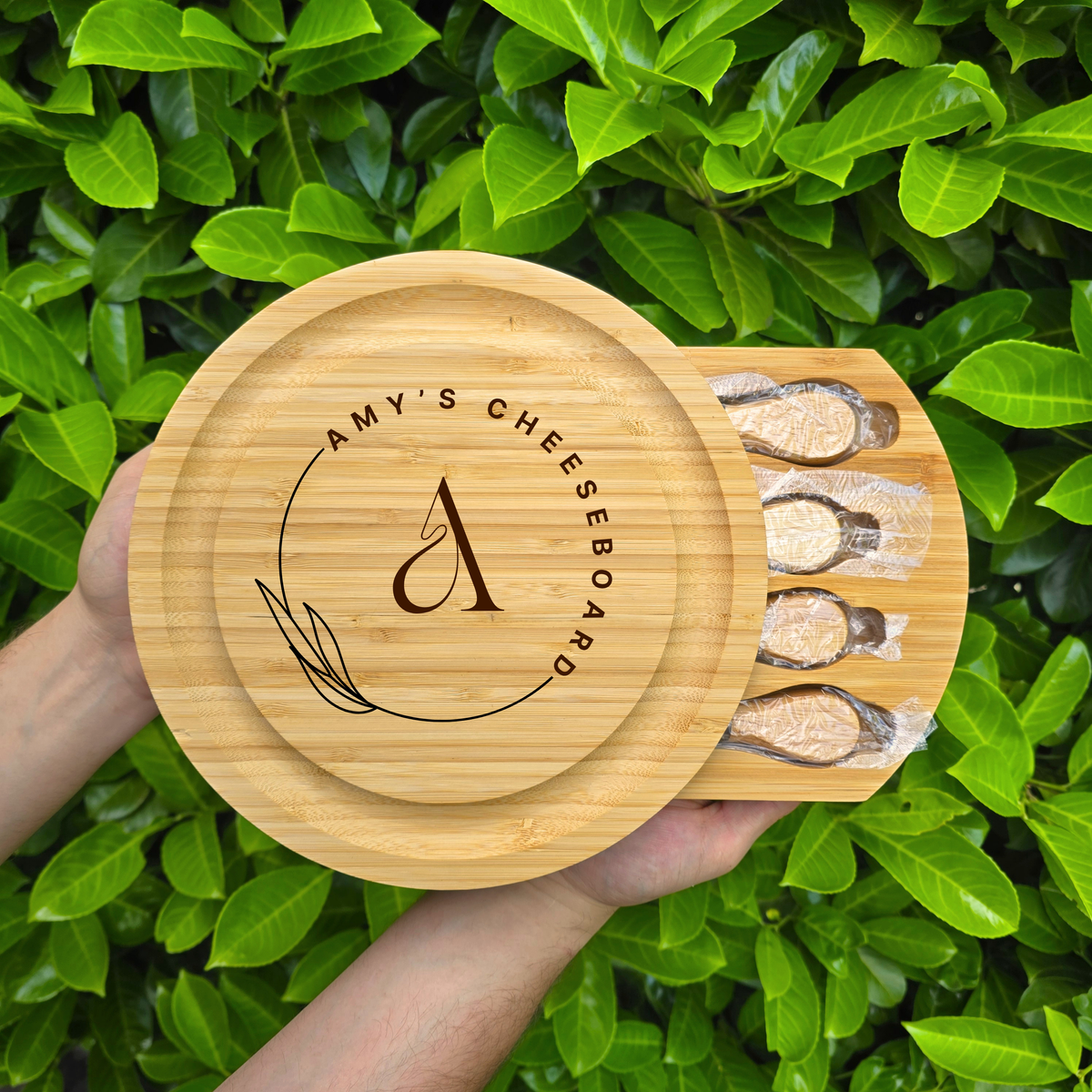 Personalised Bamboo Cheese Board Set: Engraved Gift for Couples
