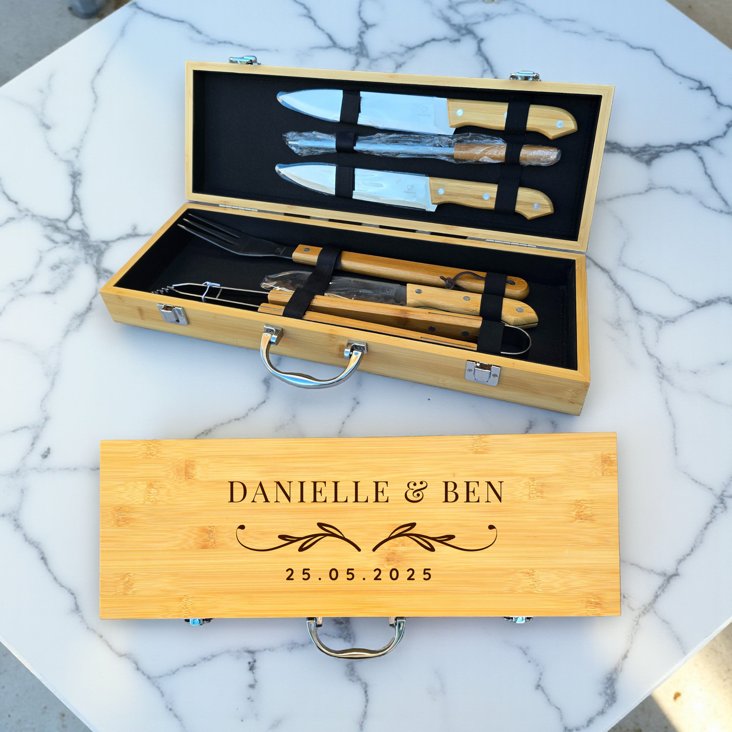 Personalised BBQ Tools Set in Bamboo Case: Grilling Gift Idea