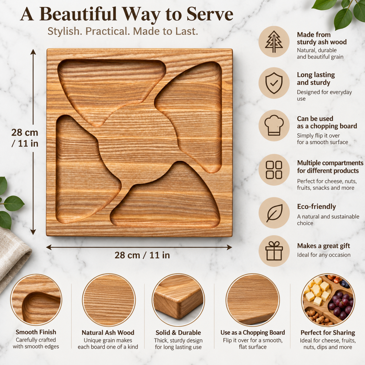 Personalised Square Wooden Charcuterie Board with Four Compartments