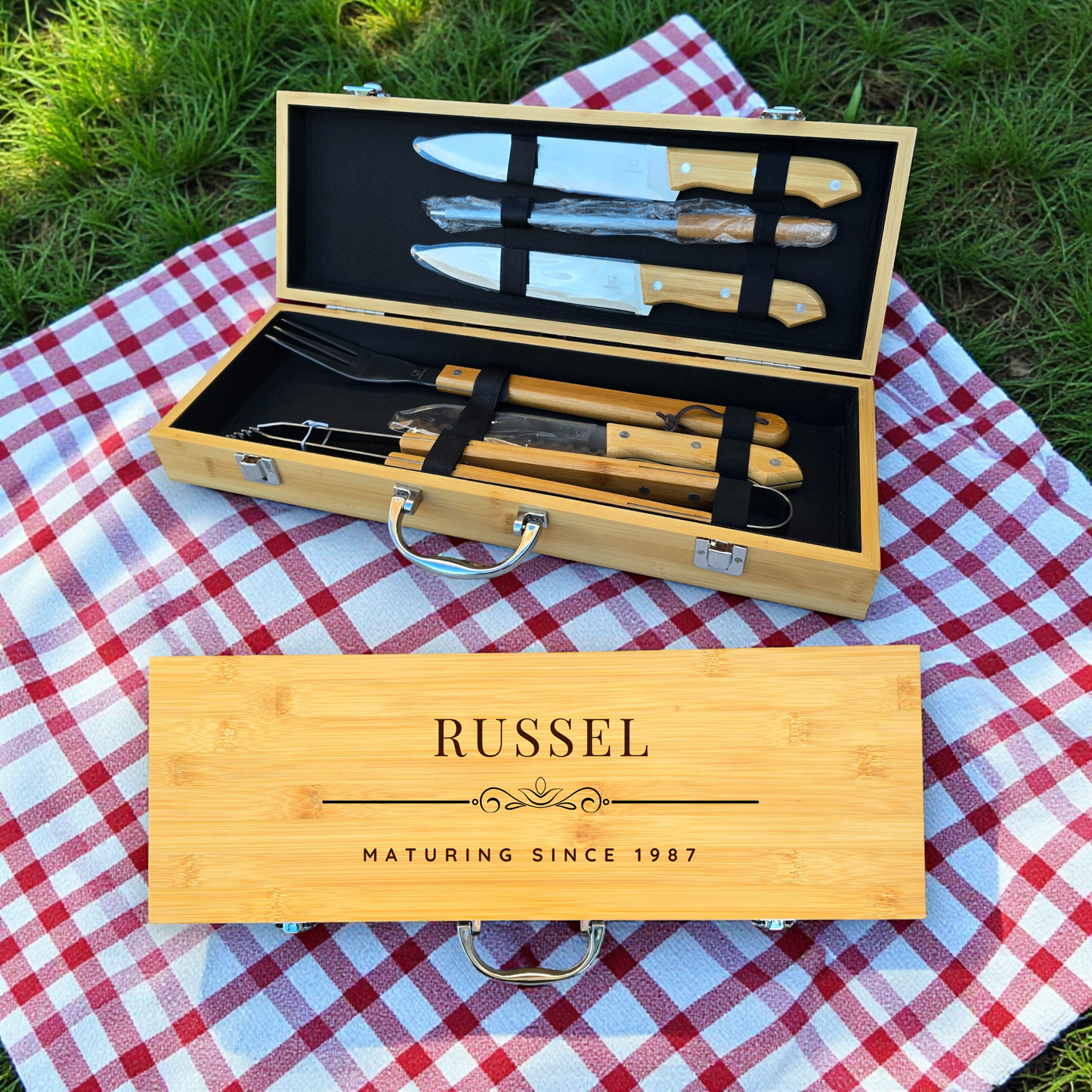 Personalised BBQ Tools Set in Bamboo Case: Grilling Gift Idea