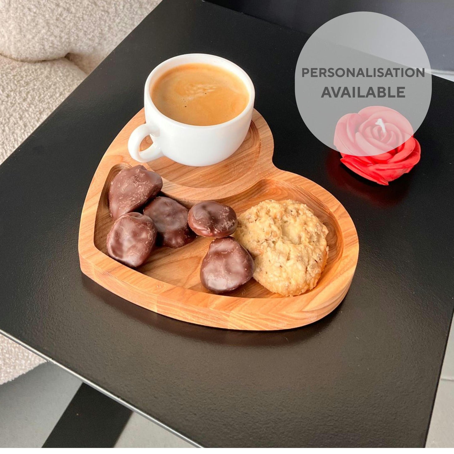 Personalised Heart-Shaped Tea and Biscuits Wooden Platter