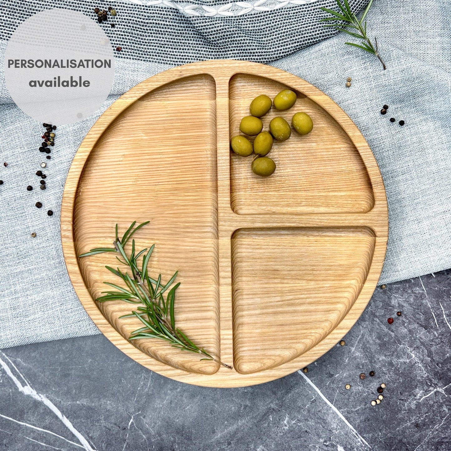 Personalised Round Wooden Cheese Board with Three Compartments