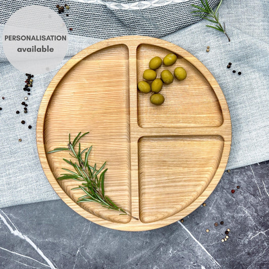 Personalised Round Wooden Cheese Board with Three Compartments