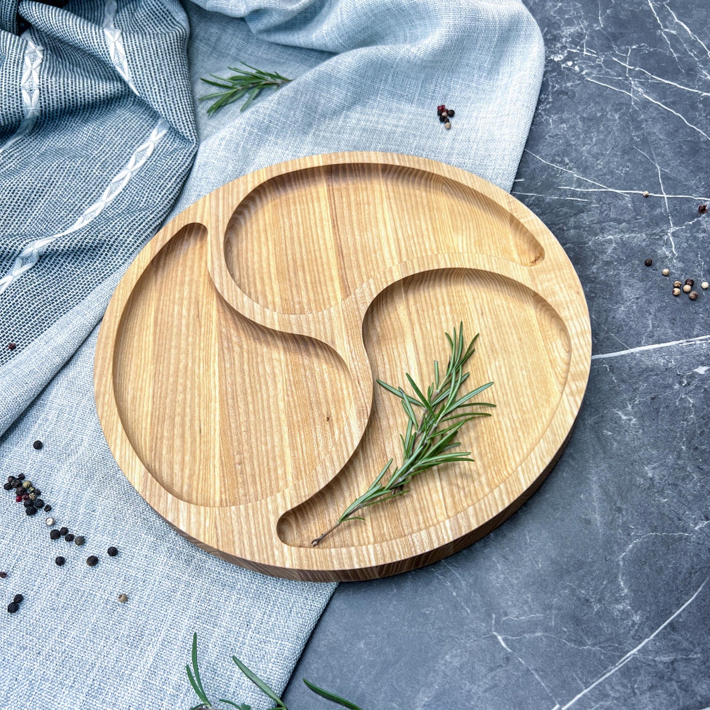 Personalised Round Wooden Serving Platter with Three Compartments