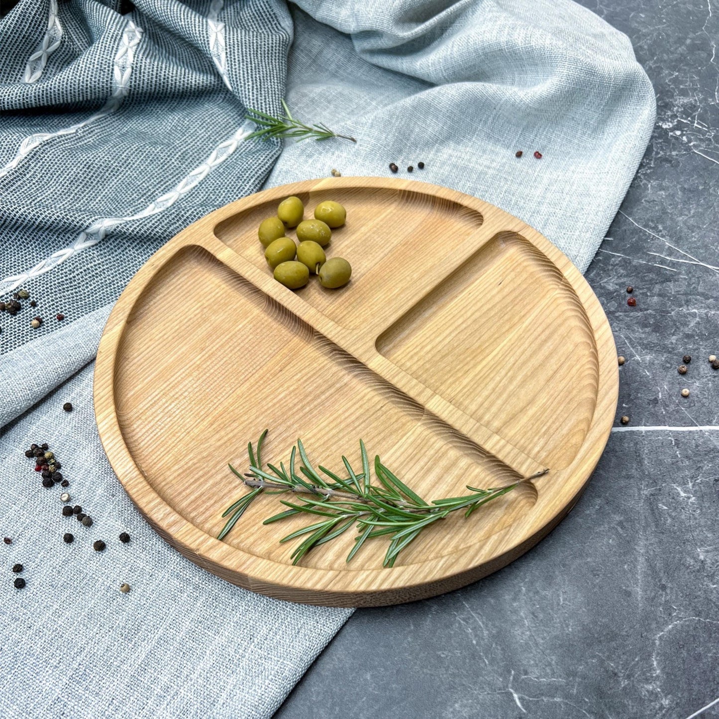 Personalised Round Wooden Cheese Board with Three Compartments