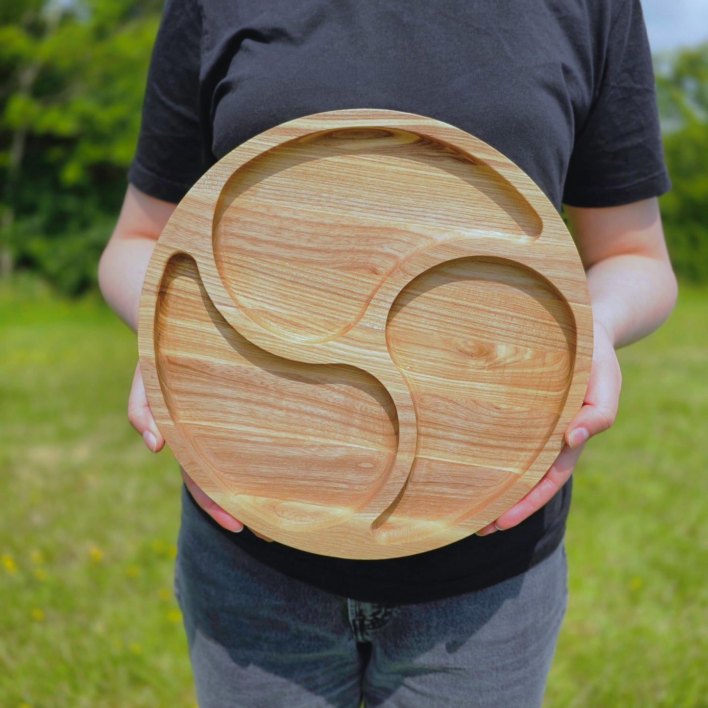 Personalised Round Wooden Serving Platter with Three Compartments