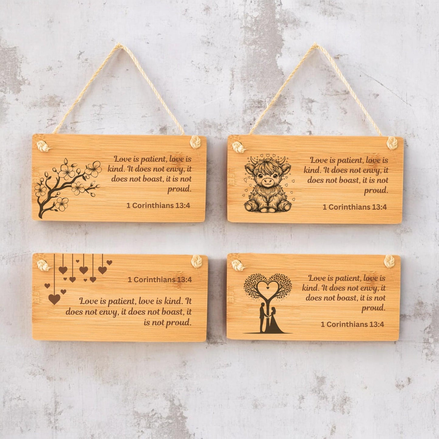 Personalised Wooden Hanging Sign 1 Corinthians 13:4 Bible Verse Romantic Couple Gift Handmade Bamboo Plaque