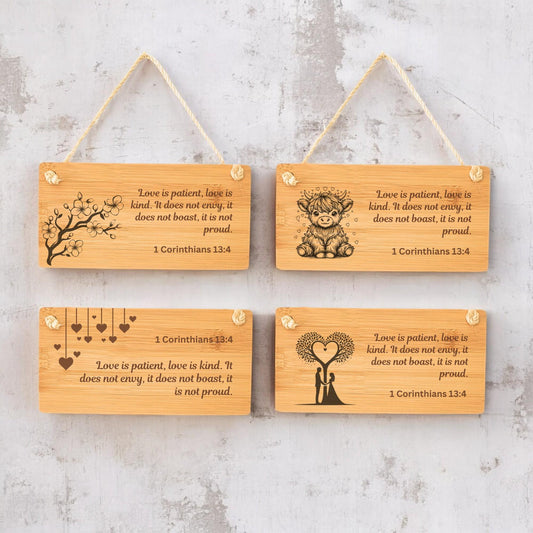 Personalised Wooden Hanging Sign 1 Corinthians 13:4 Bible Verse Romantic Couple Gift Handmade Bamboo Plaque