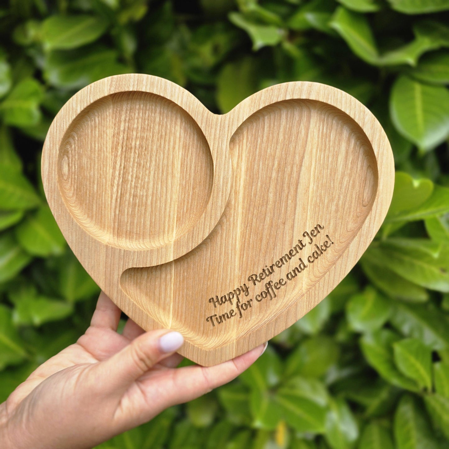 Personalised heart-shaped wooden tea and biscuits tray
