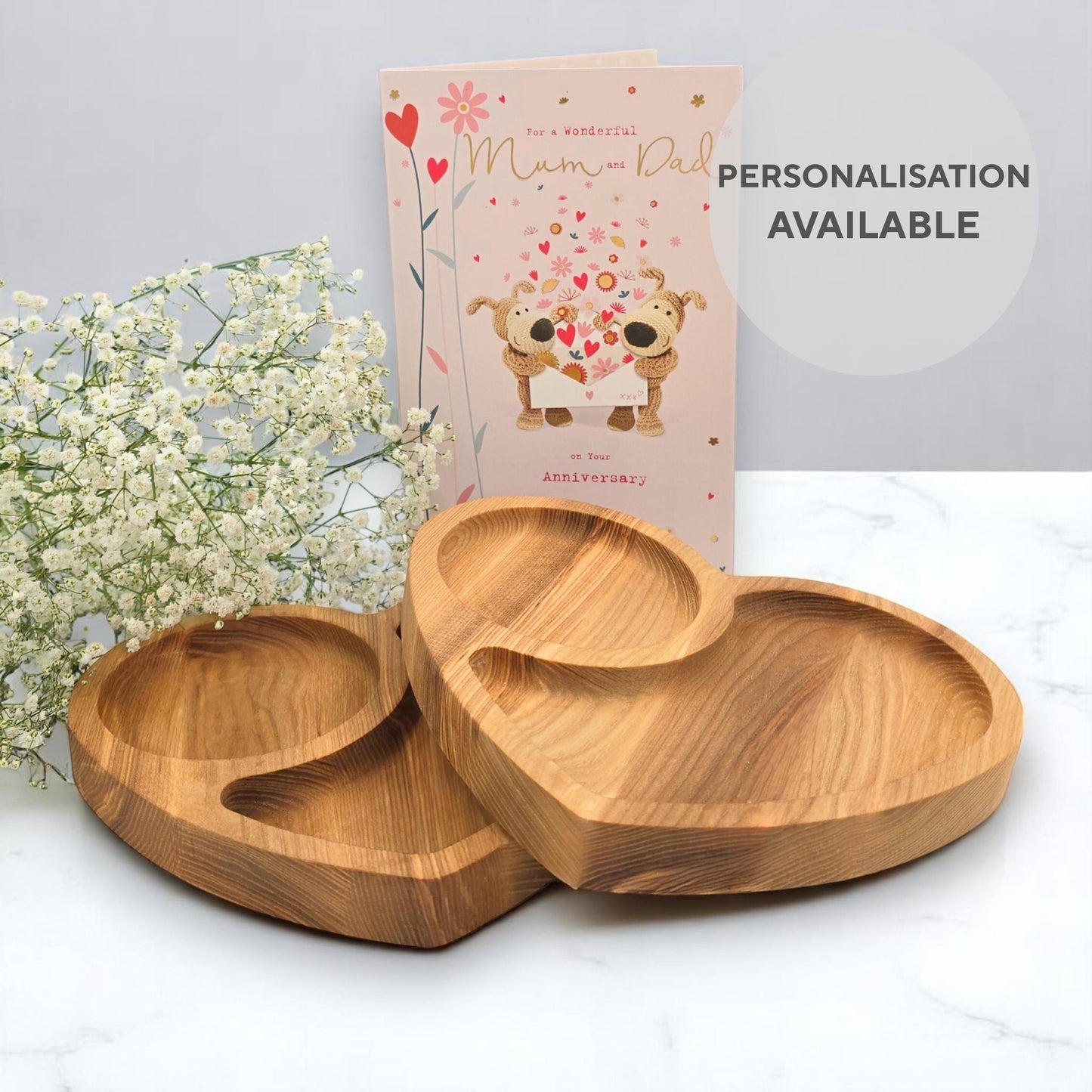 Personalised heart-shaped wooden tea and biscuits tray
