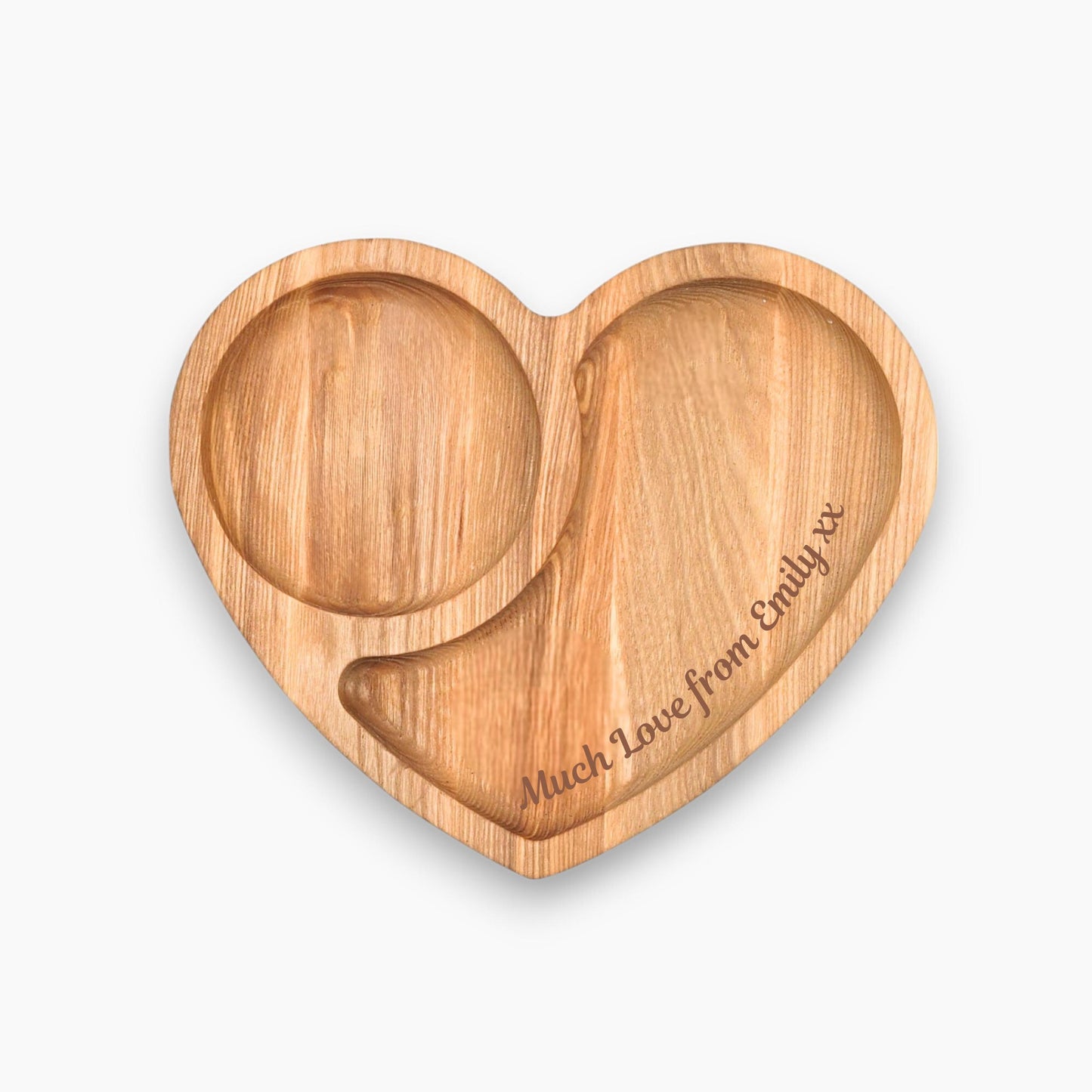 Personalised heart-shaped wooden tea and biscuits tray