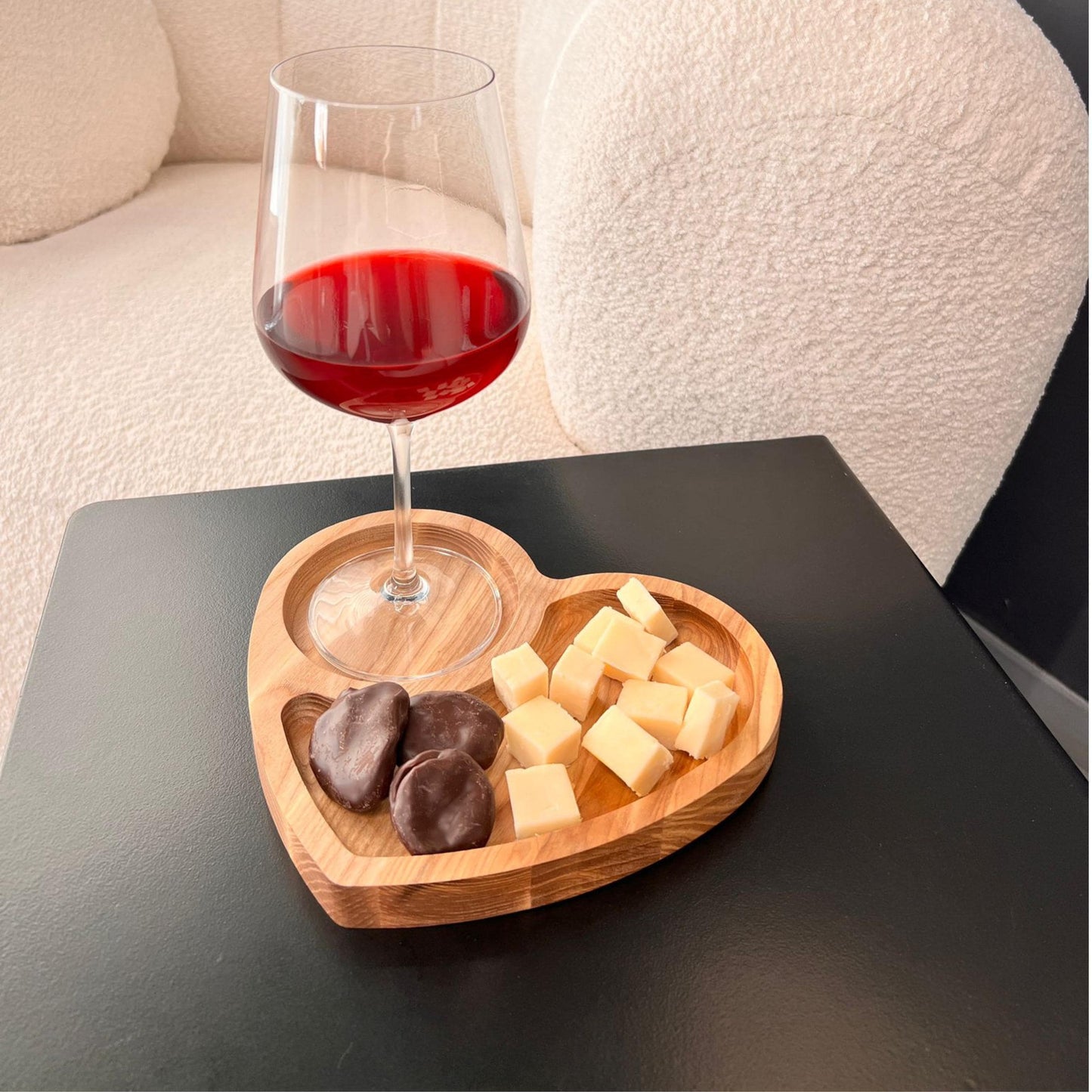 Personalised heart-shaped wooden tea and biscuits tray