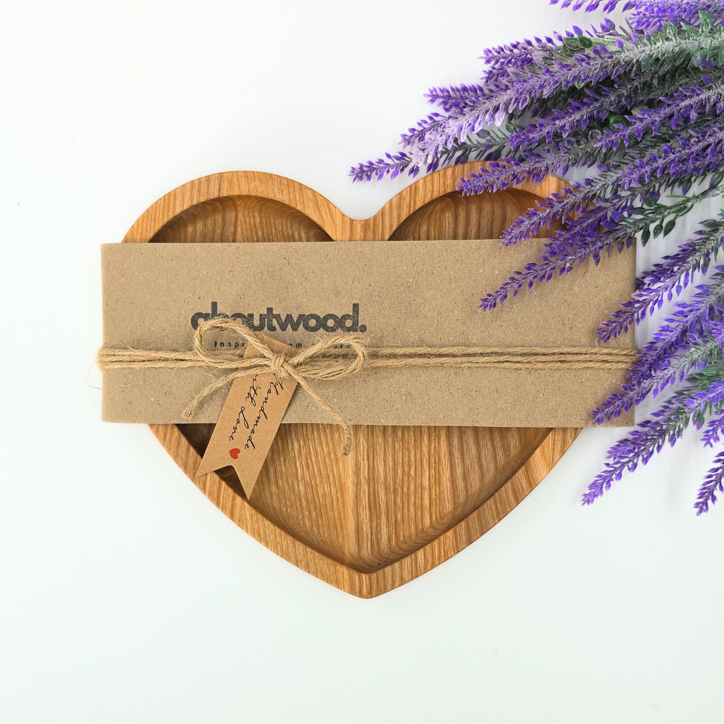 Personalised heart-shaped wooden tea and biscuits tray