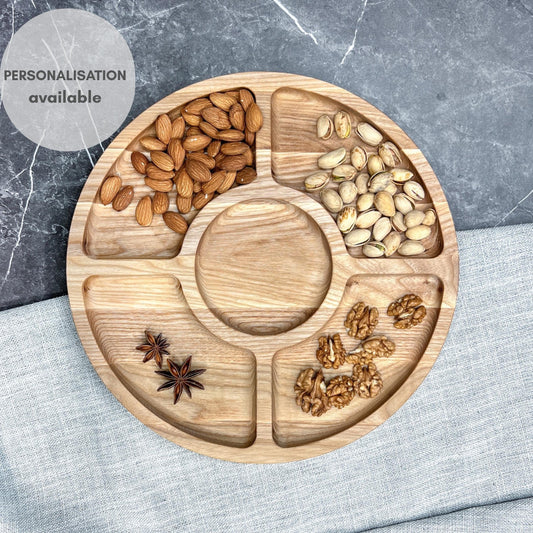 Charcuterie Board Personalised Round Wooden Serving Platter with Compartments and Bowl Section Divided Easy Grazing Board