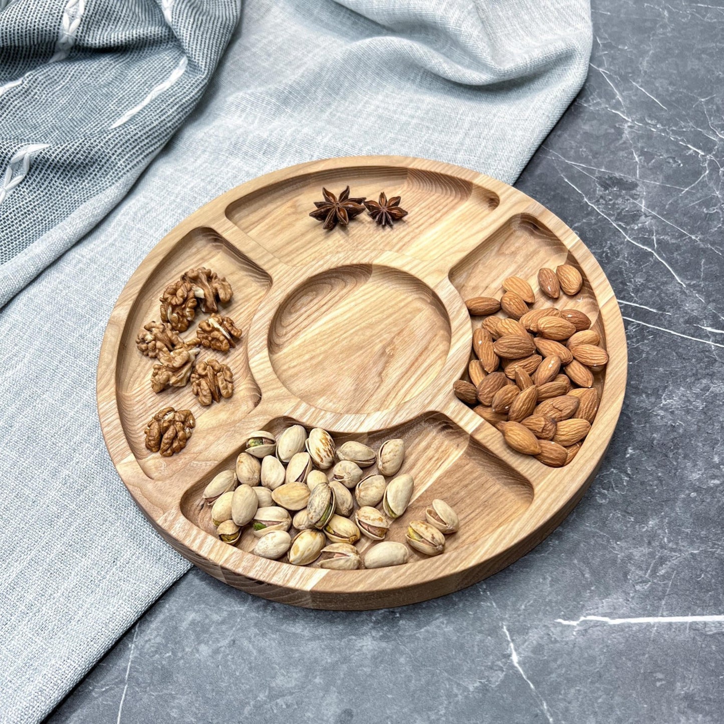 Charcuterie Board Personalised Round Wooden Serving Platter with Compartments and Bowl Section Divided Easy Grazing Board