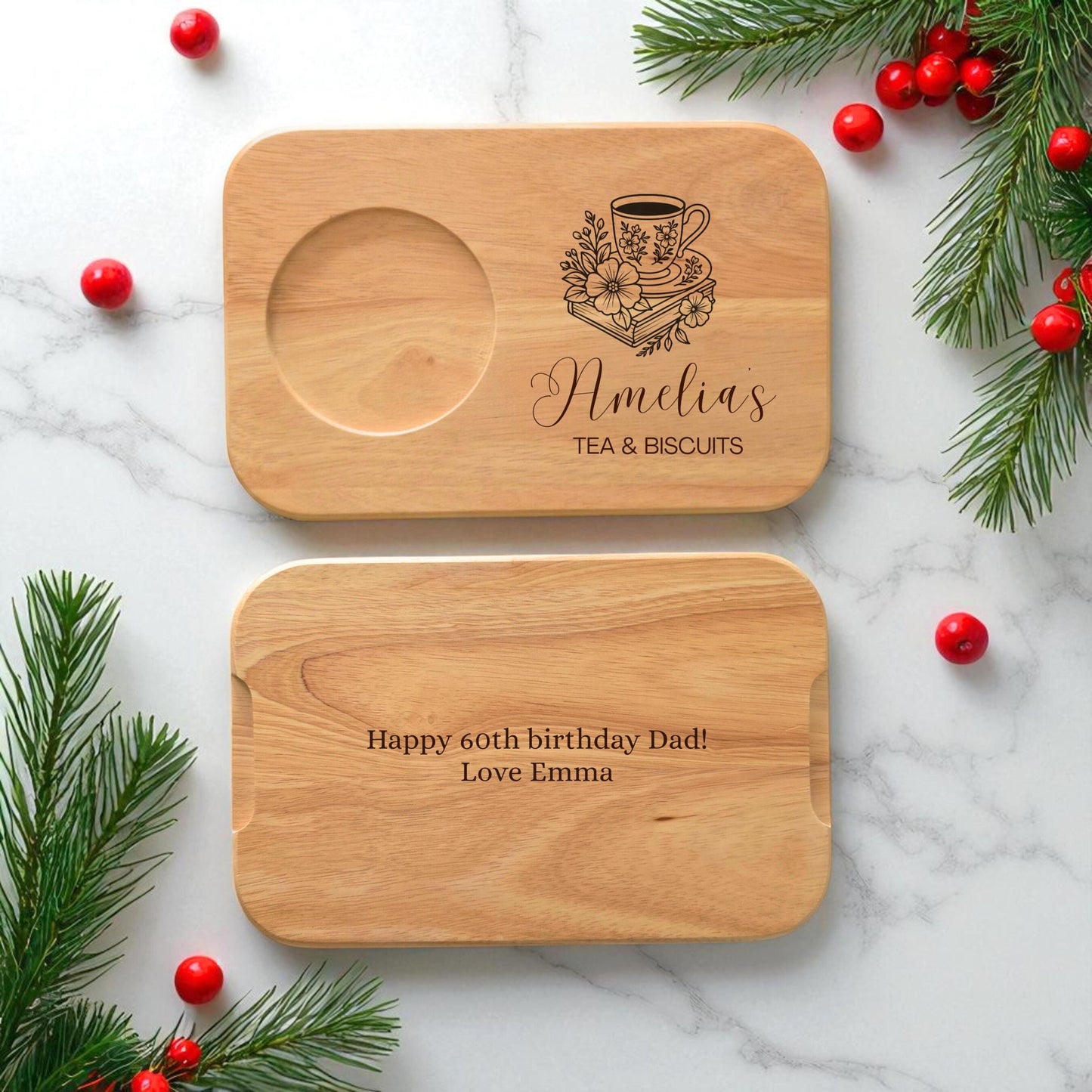 Personalised Wooden Tea and Biscuit Board: Secret Santa Gift for Work Colleague, Friend or Family