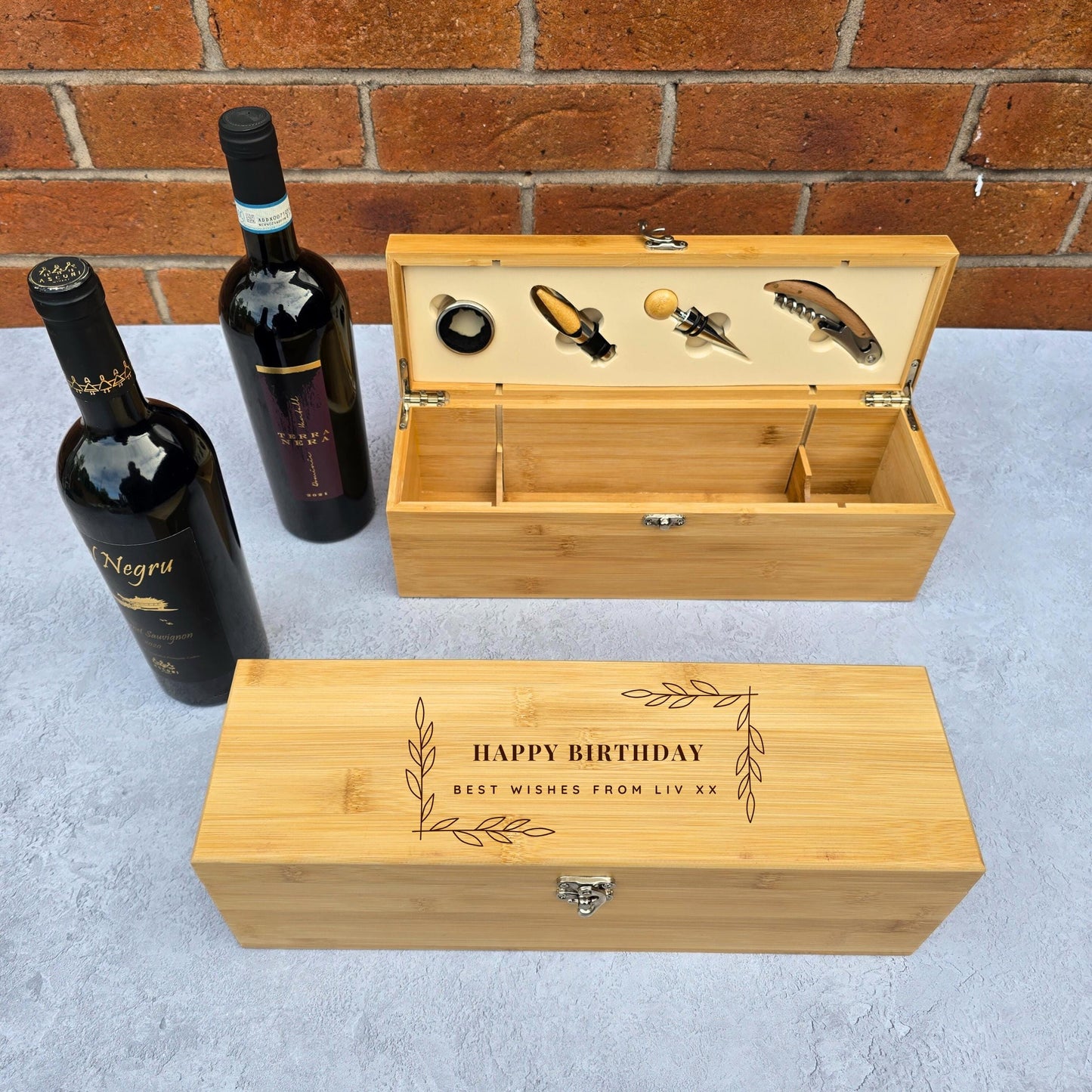Personalised Engraved Bamboo Wine Gift Box Set - Wedding, Anniversary