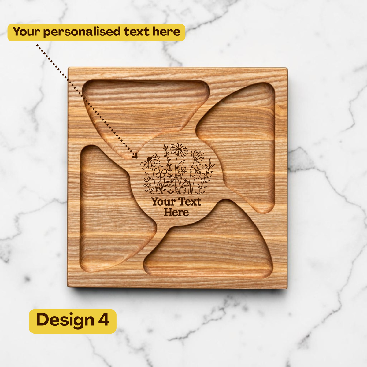 Personalised Square Wooden Charcuterie Board with Four Compartments