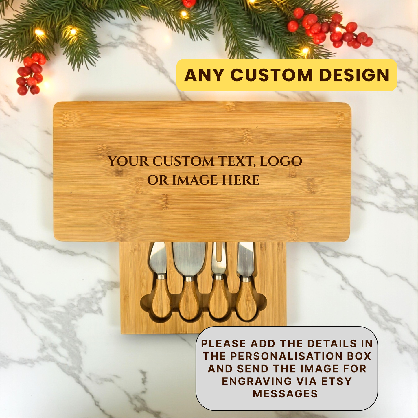 Large Rectangular Personalised Cheese Board Set with Knives - Ideal Gift for Christmas