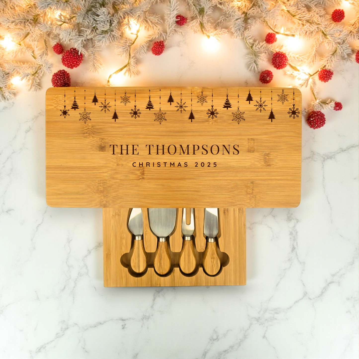 Laser Engraved Personalised Rectangular Cheese Board Set with Knives