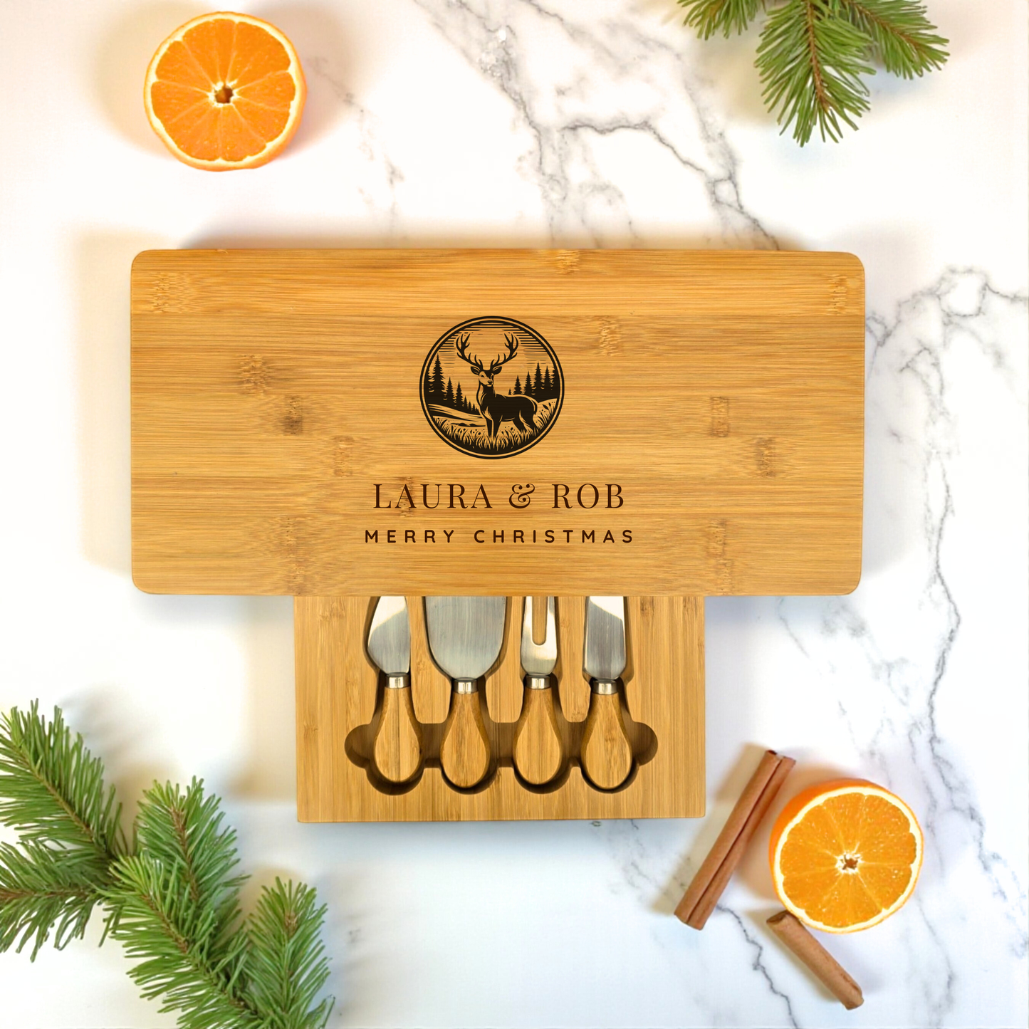 Christmas Gift - Personalised Rectangular Cheese Board Set with Knives