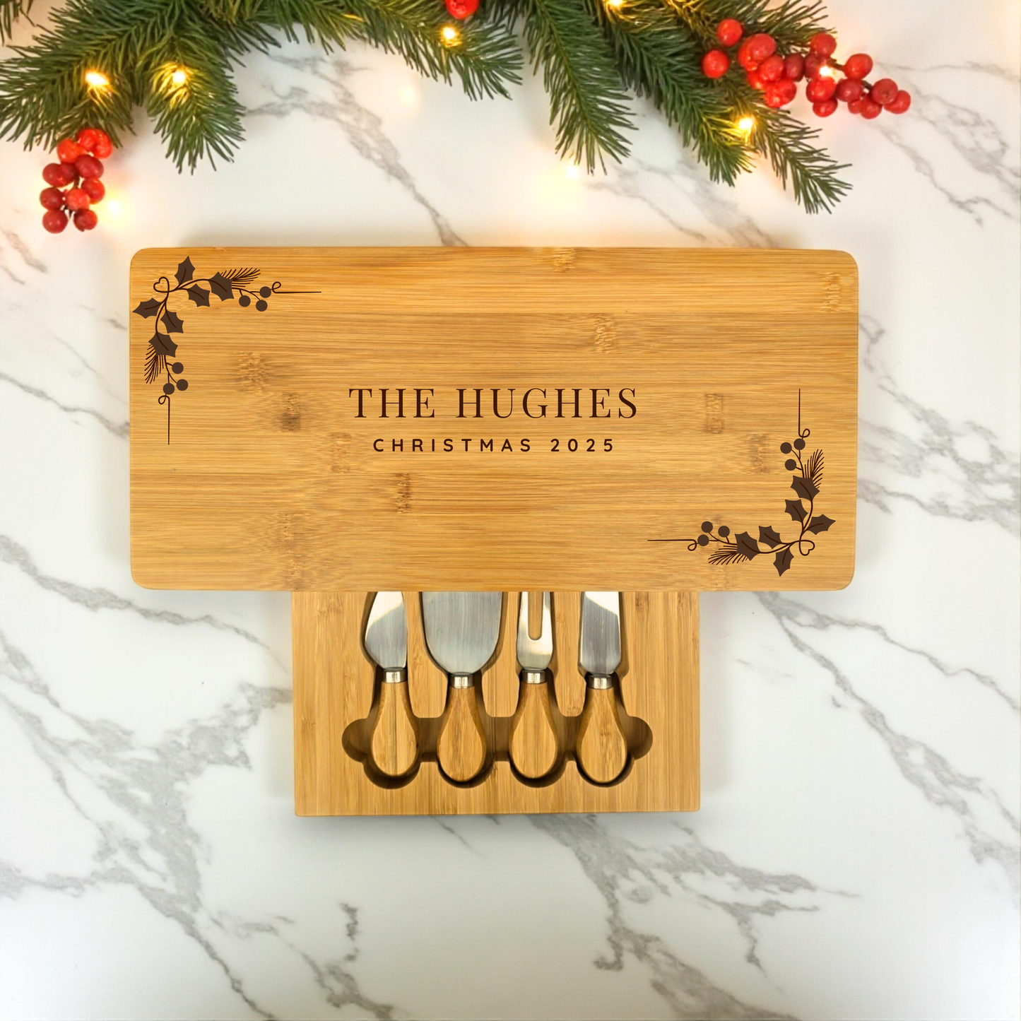 Laser Engraved Rectangular Cheese Board Set with Knives