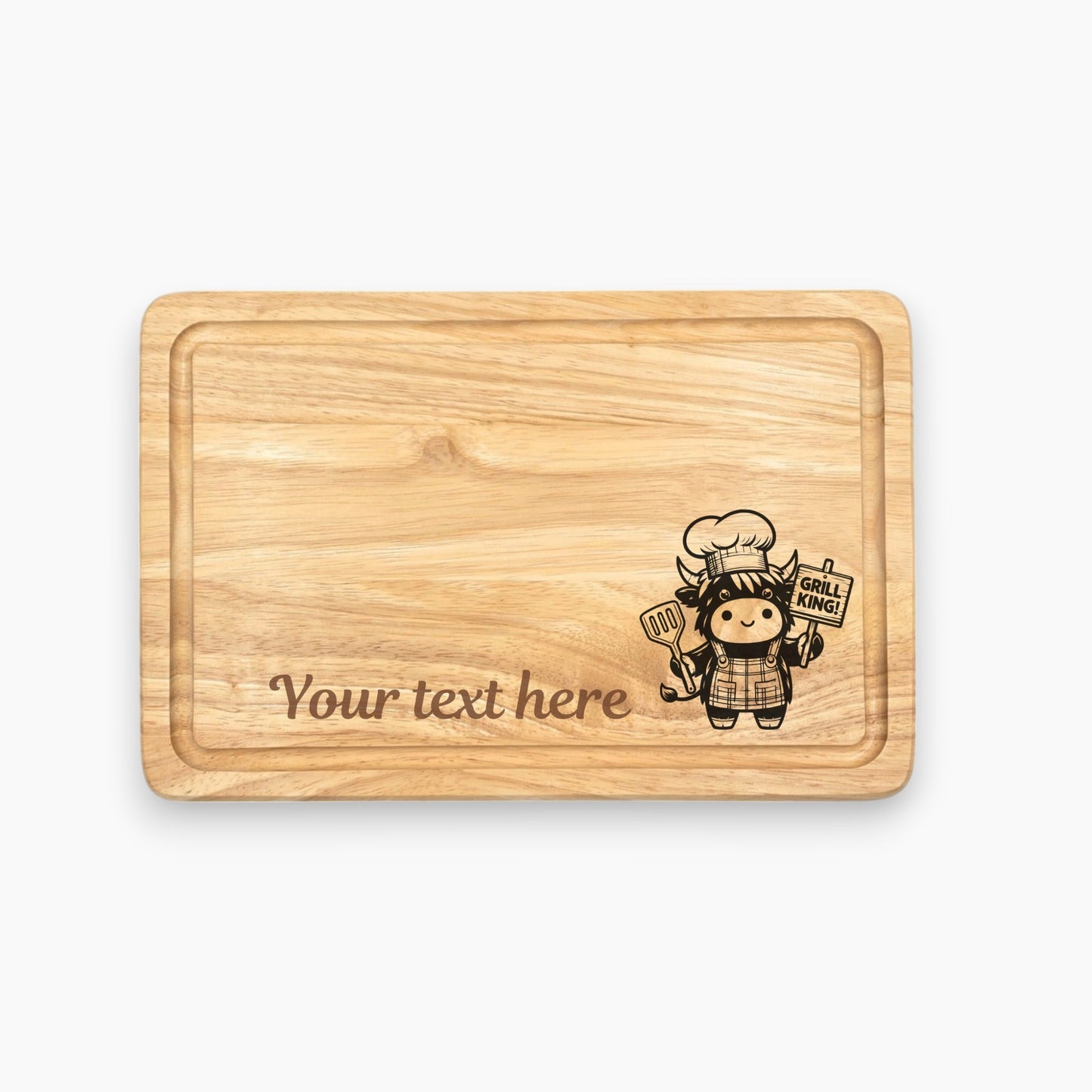 Personalised Wooden Chopping Board Highland Cow Grill King Kitchen Gift