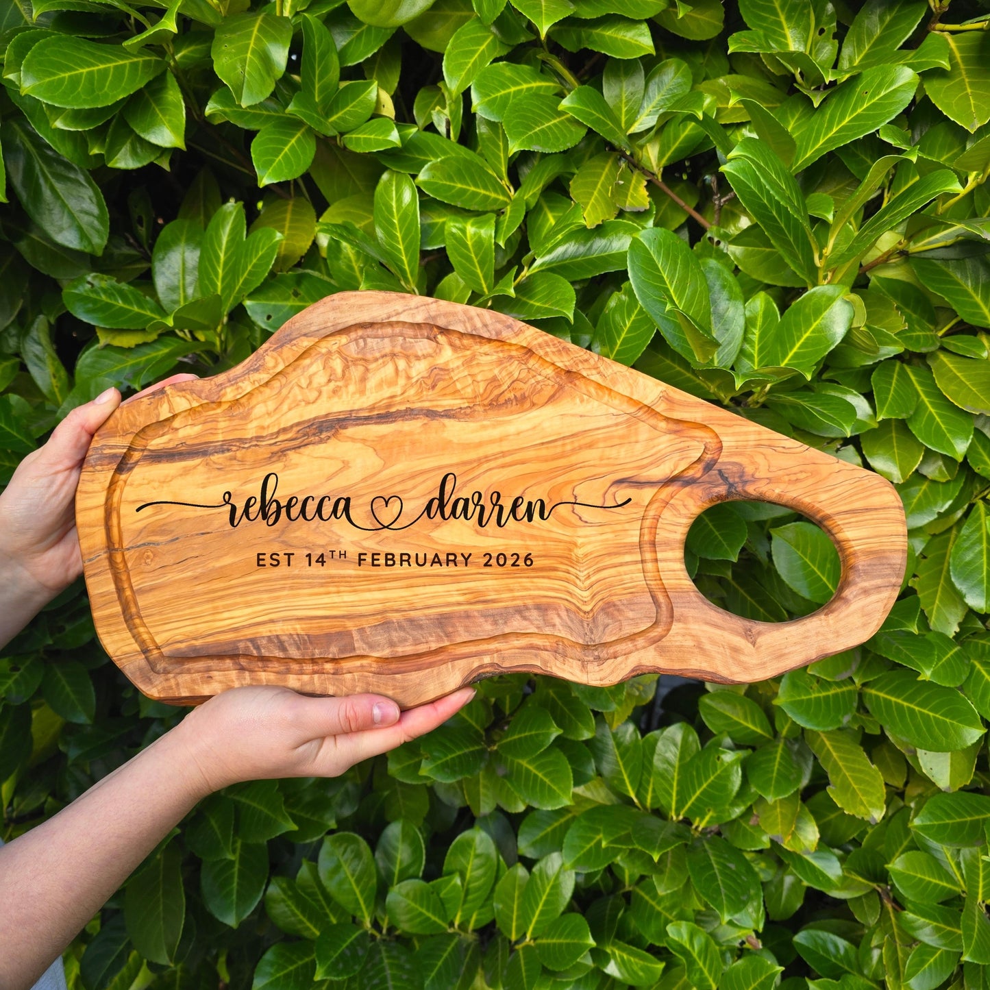 Personalised Large Olive Wood Chopping Board with Handle Gift for Couples