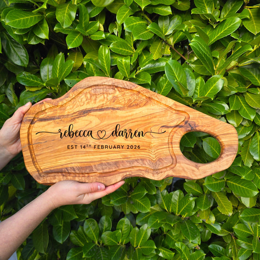 Personalised Large Olive Wood Chopping Board with Handle Gift for Couples